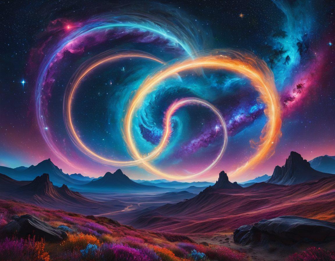 A mesmerizing cosmic landscape illustrating vibrant nebulae and swirling galaxies, with ethereal colors blending into one another. Include whimsical structures resembling twisted ribbons of light soaring through the void, symbolizing joy and discovery in the universe. The scene should evoke a sense of wonder and delight, inviting viewers to explore the celestial beauty of space. surrealism. vibrant colors. starry background.