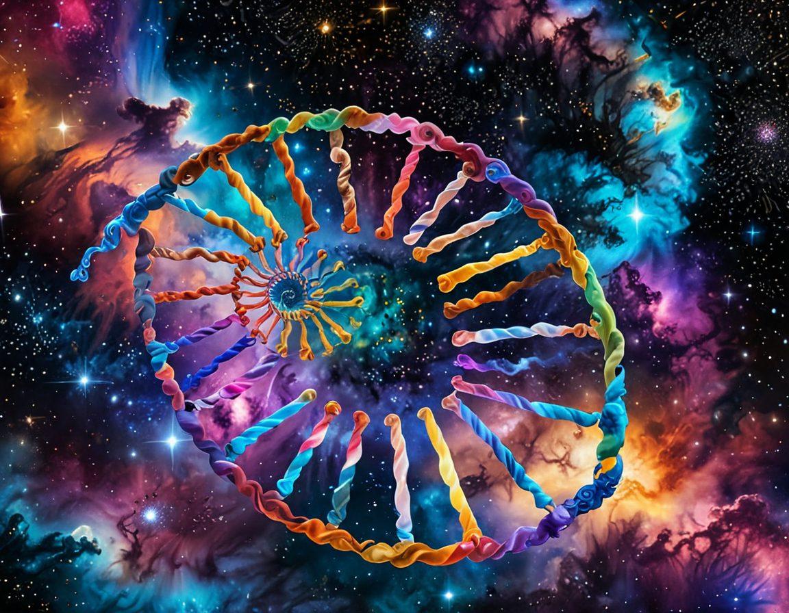A visual representation of the journey from DNA spirals at the bottom, transitioning into a cosmic nebula with swirling stars and vibrant colors above. The DNA should be detailed and intricate, while the nebula is filled with ethereal light and celestial patterns, symbolizing the connection between biology and the universe. Soft glowing elements to create a sense of elevation and spiritual awakening. surrealism. vibrant colors. cosmic theme.